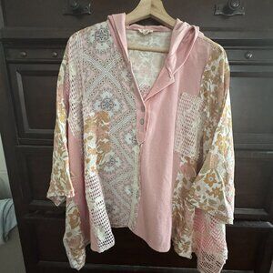 POL Button Up Hooded Top with Floral and Crochet Detail